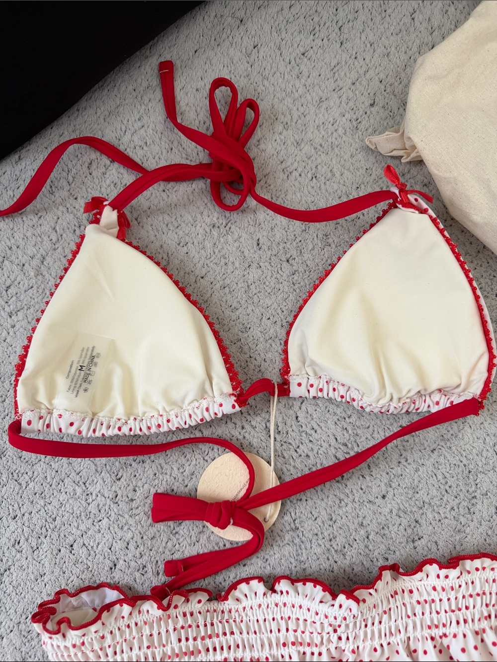 Red Polka Dot Bikini Set with Ruffled Skirt Detail - Picture 3 of 6